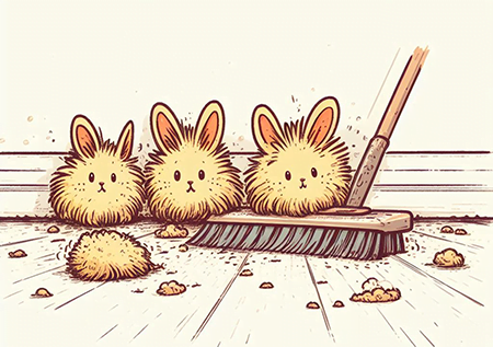 cute dust bunnies on a broom next to a baseboard