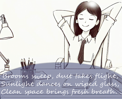 Relaxed woman at clean desk. Haiku: Brooms sweep, dust takes flight, Sunlight dances on wiped glass, Clean space brings fresh breath.
